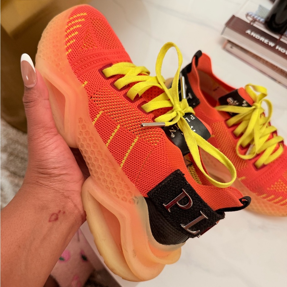 Philipp Plein Orange Knit Sneakers with Yellow Laces